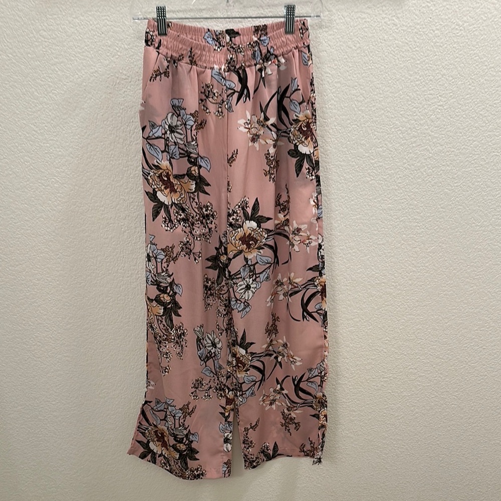 Pink Floral Wide Leg pants with High Waist